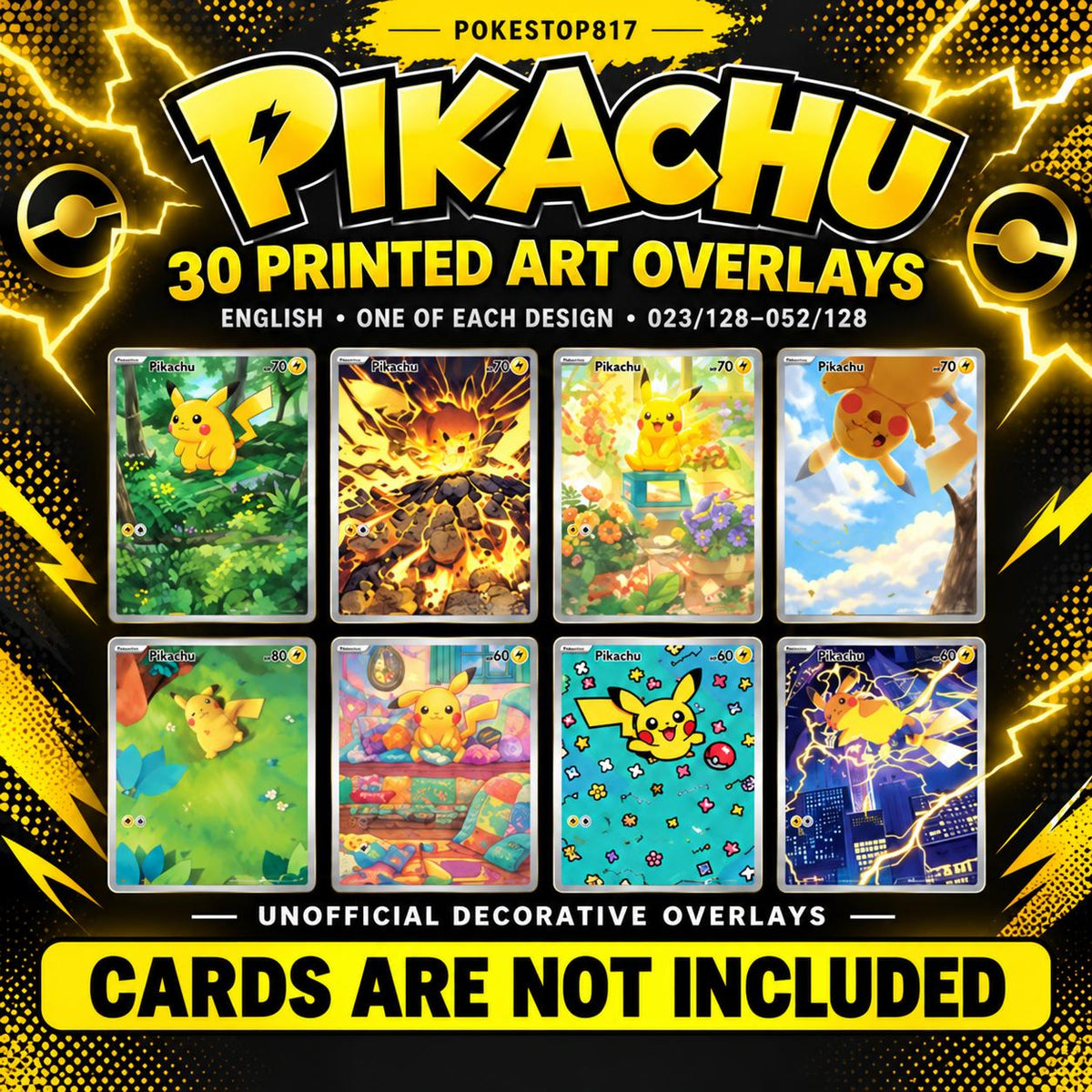 Pikachu Decorative Art Overlays — 30 Printed English Designs Bundle